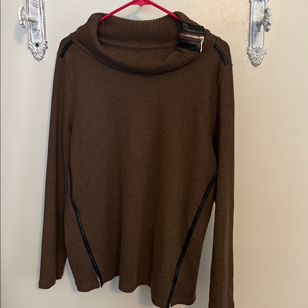 Rafaella Brown Cowl Neck Sweater with Zipper Accents